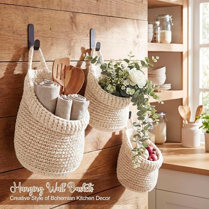 Honeydak Boho Decor Hanging Wall Baskets for Kitchen 3 Pack Teardrop Baskets with Hooks Storage Fruit Onion Vegetable Potato for Home 3 Sizes(White,Barrel,Cotton Rope) - Image 5