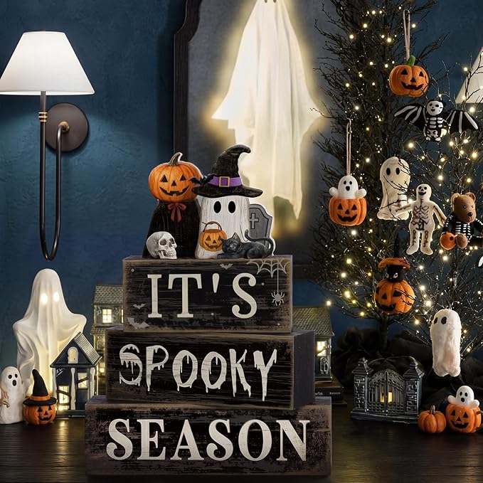 Moucuny 4 Pcs Halloween Table Decoration Pumpkin Ghost Wooden Stacked Block Decor, "It's Spooky Season" Centerpiece Signs, Rustic Gothic Halloween Tiered Tray Decoration for Home Office Kitchen Shelf - Image 6