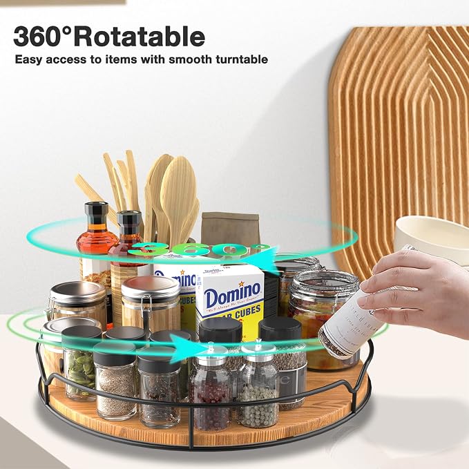 Lazy Susan Turntable Organizer with Anti-Slip Mat for Cabinet Pantry Kitchen Countertop Refrigerator Office, Pine Wood, 13", Carbonized Black - Image 5