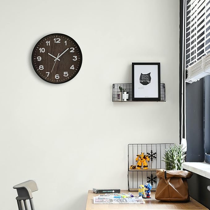 Decorative Modern Round Wood- Looking Plastic Wall Clock for Living Room, Kitchen, or Dining Room, Brown - Image 2