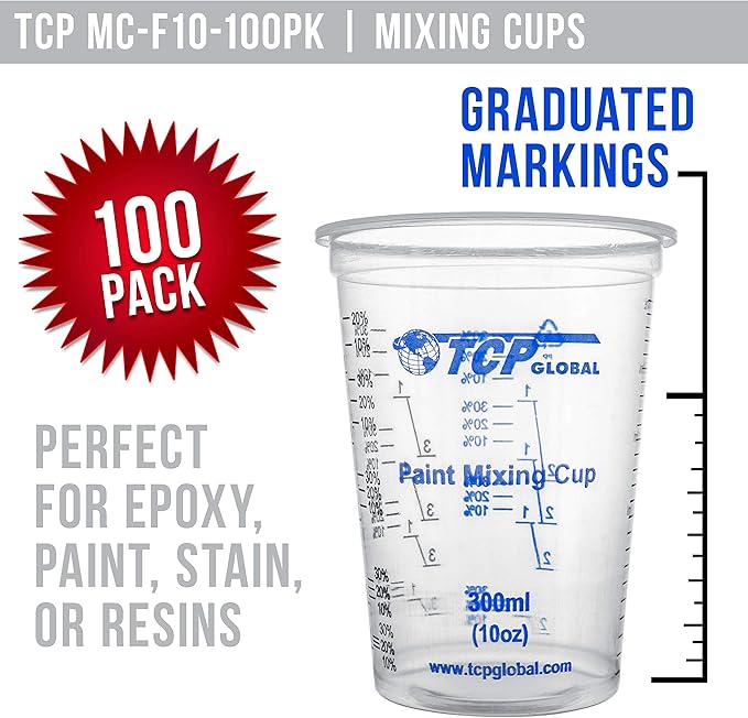 TCP Global 10 oz. (300ml) Graduated Plastic Mixing Cups - Box of 100 with 50 Mixing Sticks - Disposable Plastic Measuring Cups for Liquids, Paints, Resin, Epoxy, Art, Kitchen - Ratios 2-1, 3-1, 4-1 ML
