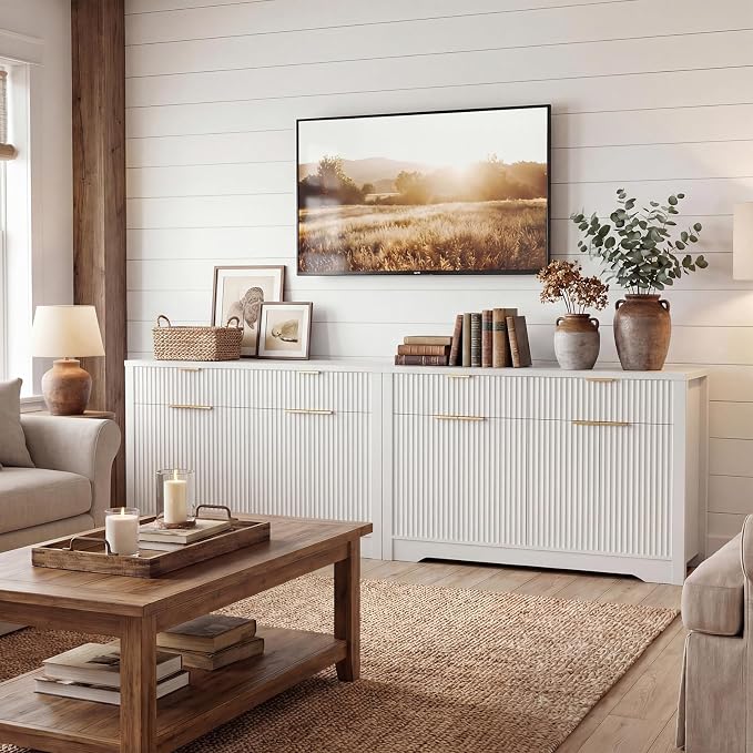 Cyclysio 55" Fluted Sideboard Buffet Cabinet with Drawers, White | Modern Accent Storage Console Table & Coffee Bar Station with Adjustable Storage Shelves for Dining Room, Kitchen, Entryway - Image 9
