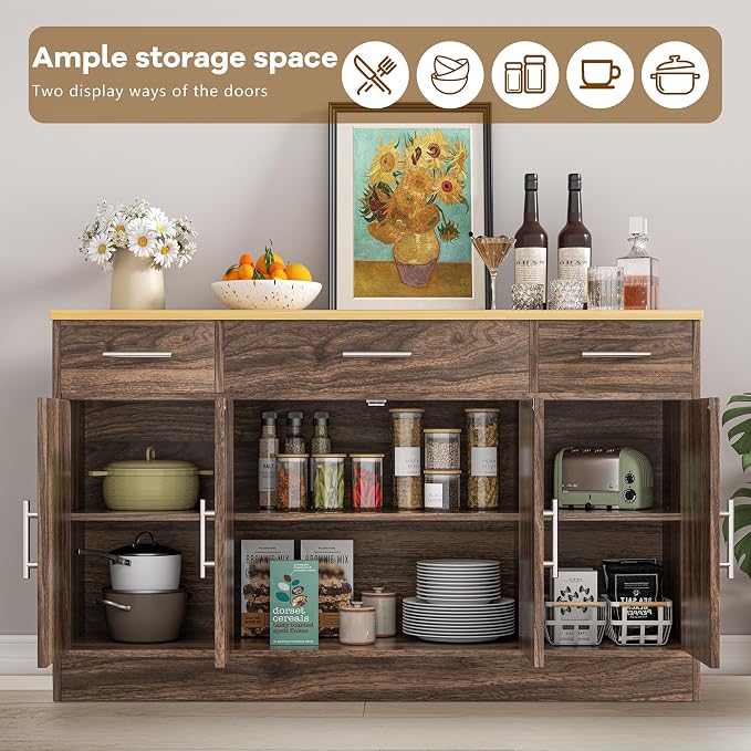 Vongrasig 53' Large Sideboard Cabinet with 4 Doors and 3 Drawers, Farmhouse Buffet Table Coffee Bar Kitchen Storage Cabinet, Wood Cabinet for Kitchen, Dining Room, Rustic Brown - Image 5