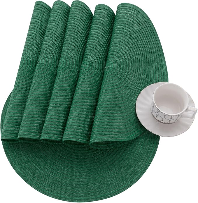 SHACOS Dark Green Round Placemats Set of 6 Cotton Polyester Braided 15 inch Washable Kitchen Dining Table Place Mats Christmas Table Mats for Home Wedding Party Decor - Image 5