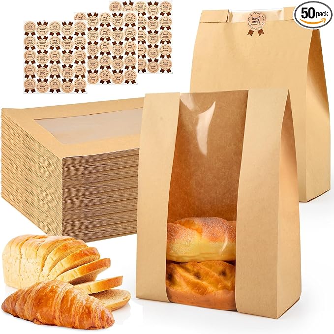 50 Pcs Bread Bags for Homemade, ROOKEA Sourdough Bread Bags with Window for Baked Paper Packaging with Sealing Stickers Bakery Cookie Food Snack Storage Large Kraft Paper 13.7x8.2x3.5 inch by ROOKEA