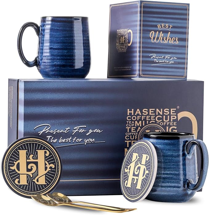 HASENSE Ceramic Coffee Mugs Gift Set for Men, Women, Blue Reactive Glazes | 15oz Coffee Cups with Handles, Vintage Luxury Birthday Gift Ideas for Dad, Mom, Friends, Coworkers, Wife, Couples, 2 Pack by Hasense