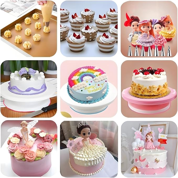 190 Pcs Cake Decorating Kit with Cake Turntable,Cake Leveler,24 Numbered Icing Piping Tips,2 Spatulas,3 Comb Scrapers,2 Couplers,5 Bag Ties,50 Pastry Bags,50 Cupcake Liners,50 Cake Flags