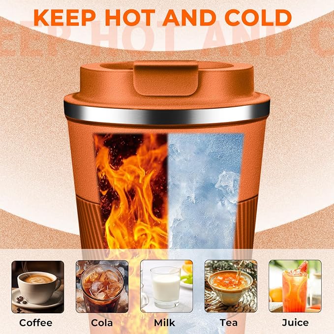 Insulated Coffee Tumbler 12 oz, Stainless Steel Coffee Mug with Lids, Travel Coffee Mug Leak Proof, Double Wall Vacuum Insulated Reusable Coffee Cup, Keep Drinks Hot and Cold (Orange, 12 Ounces) - Image 5