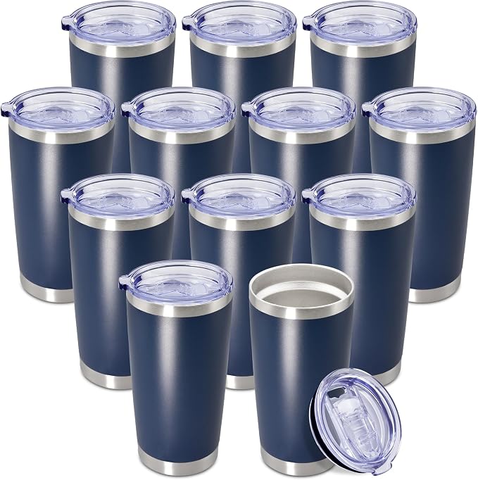 20oz Tumbler Insulated Coffee Tumblers with Lid Stainless Steel Navy 12P | 20 oz Tumblers Double Wall Insulated Vacuum 20oz Coffee Mug Leak Proof Tumblers with Lid Powder Coated - Navy 12 Pack by AEPDTD