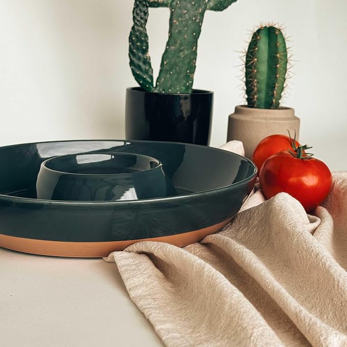 Mora Ceramic Chips and Dip Serving Tray: Large Divided Party Bowl Set for Chips & Salsa, Veggies & Dip, Fruit, Snacks, Entertaining, Hosting, etc. Minimalist Design for the Modern Hostess - Charcoal - Image 6