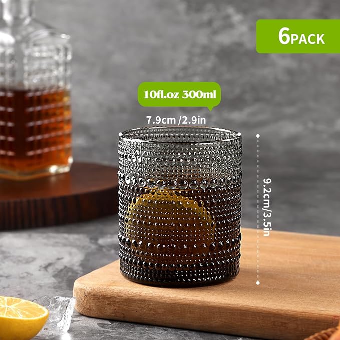 Moretoes 10oz Gray Hobnail Drinking Glasses Set of 6 Cocktail Glasses | Vintage Old Fashion Glassware, Textured Glass Cups Bubble Glasses Water Glasses Jupiter Glasses Set - Image 3
