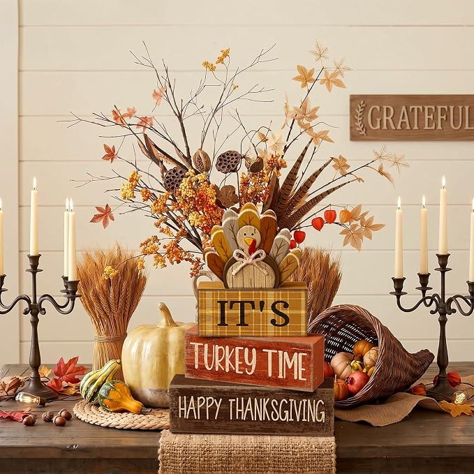 Moucuny 4 Pcs Fall Decorations for Home Wooden Turkey Decor Thanksgiving Tiered Tray Decor Thanksgiving Table Centerpiece Rustic Wooden Turkey Time Block Sign for Autumn Harvest Party Kitchen Shelf - Image 6