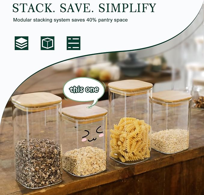 LIBWYS Kitchen Glass Jars Set with Bamboo Lids for Storage (1pcs - 1.22Qt) | Stackable Square Food Jars for Pantry Organization, Coffee, Flour, Snacks, Tea , Sugar | Kitchen Canisters Set - Image 5