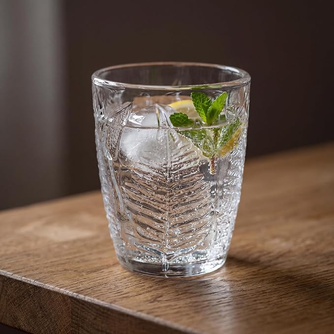 Clear Drinking Glasses Set of 4, 10 oz Glass Cups, Vintage Fern Glassware | Hand-Pressed, Dishwasher Safe, Boho Leaf-Textured Drinkware, Decorative Embossed Lowball Tumblers for Water, Retro Kitchen - Image 6
