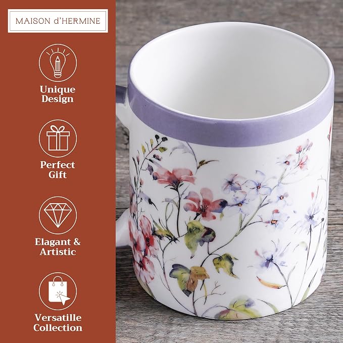 Maison d' Hermine Coffee Mug with Handles Tea Cups (12 Ounce, Pack of 1) | Fine Bone China Coffee Mugs for Hot Beverages Cappuccino Latte Home Restaurant Spring Summer -Summer Floral - Cornflower - Image 2