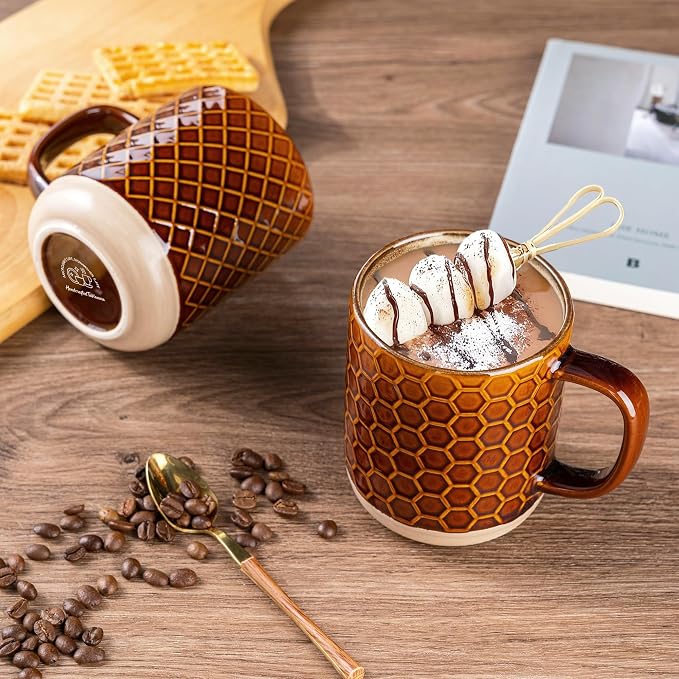 GBhome Large Coffee Mugs Set of 4, 16oz Handmade Stoneware Coffee Mugs Set with Large Handle for Cappuccino/Latte/Tea/Hot Cocoa, Dishwasher & Microwave Safe, Caramel - Image 2