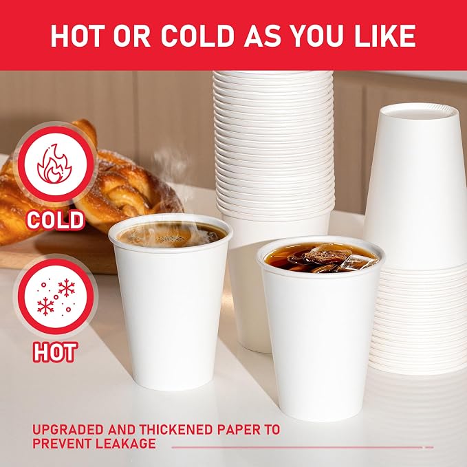 12 oz 1000 Pack Disposable Paper Coffee Cups, Hot Paper Cups, Thickened Leak-Free White Coffee Cups for Hot and Cold Drinks - Image 5