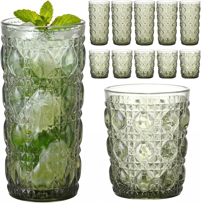 Green Drinking Glasses Set of 12, 12 Oz Highball & 10 Oz Cocktail Glasses, Green Kitchen Vintage Glassware Set, Floral Embossed Glass Tumbler Cups for Beer, Juice, Whiskey, Coffee(Gem) by FERAHI