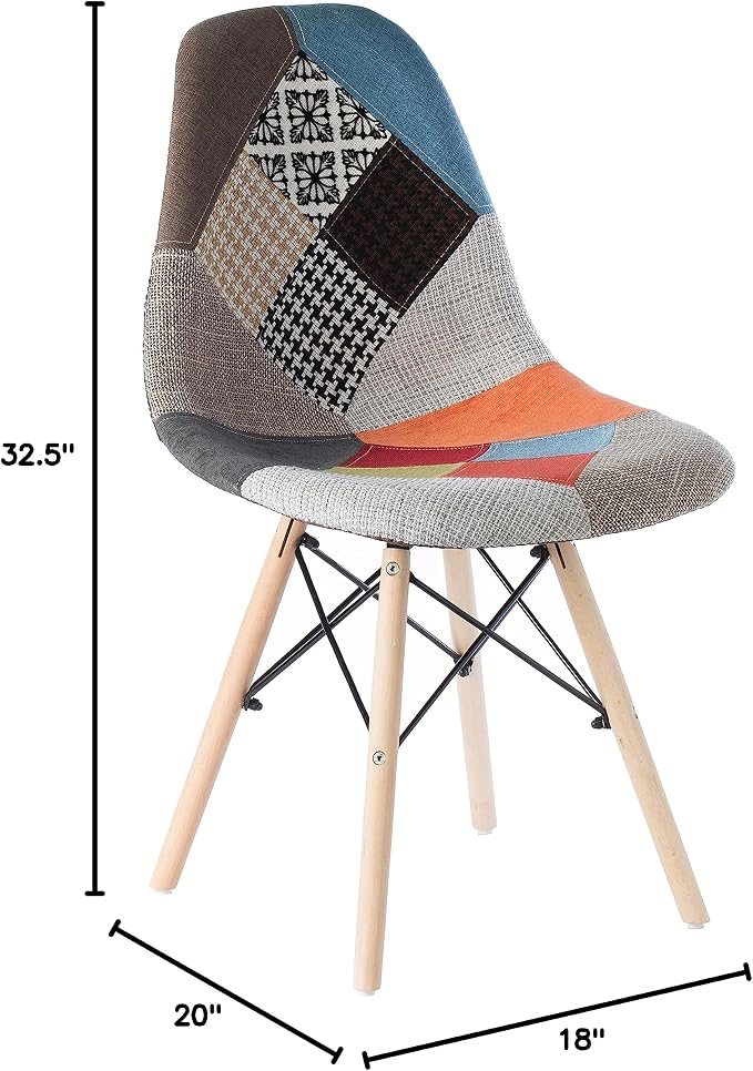Fabulaxe Mid-Century Modern Upholstered Plastic Multicolor Fabric Patchwork DSW Shell Dining Chair with Wooden Dowel Eiffel Legs, Set of 4 - Image 3