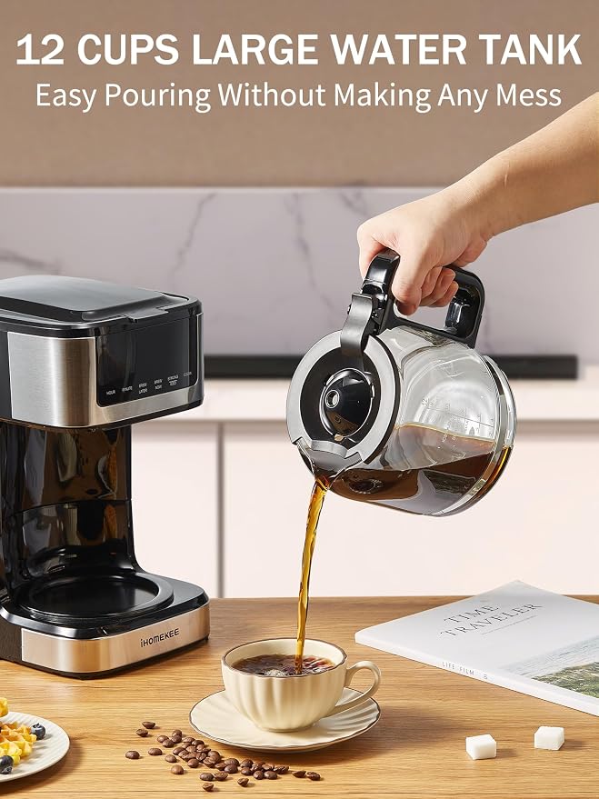 Ihomekee Coffee Maker, Programmable Drip Coffee Machine 12 Cup | Regular & Strong Brew Model, Iced Coffee Function for Home and Office, Black & Stainless Steel (Black,Silver) - Image 5