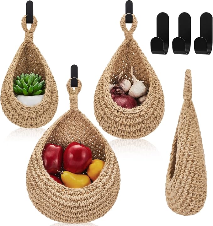Honeydak Boho Decor Hanging Wall Baskets for Kitchen 3 Pack Teardrop Baskets with Hooks Storage Fruit Onion Vegetable Potato for Home 3 Sizes(Light Linen,Teardrop,Cotton Rope) by Honeydak