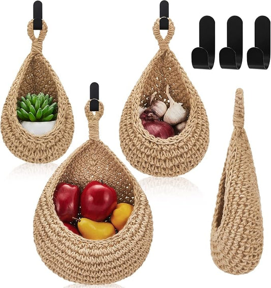 Honeydak Boho Decor Hanging Wall Baskets for Kitchen 3 Pack Teardrop Baskets with Hooks Storage Fruit Onion Vegetable Potato for Home 3 Sizes(Light Linen,Teardrop,Cotton Rope) by Honeydak