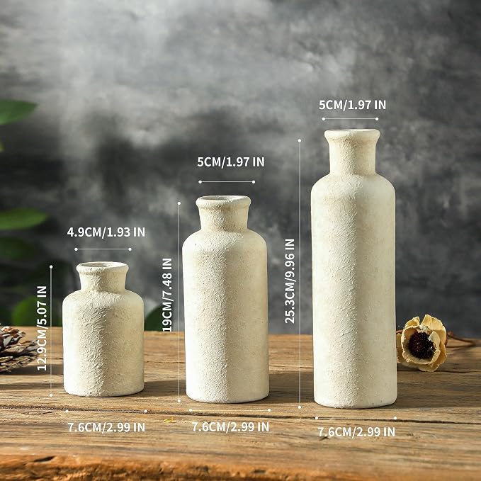 Ceramic Vases Set of 3, Whitewashed Neutral Flower Vases Home Decor, Pottery Rustic Farmhouse Decorative Vases Modern Decor for Table Mantel Entryway Bookshelf Living Room Kitchen Bedroom - Image 2