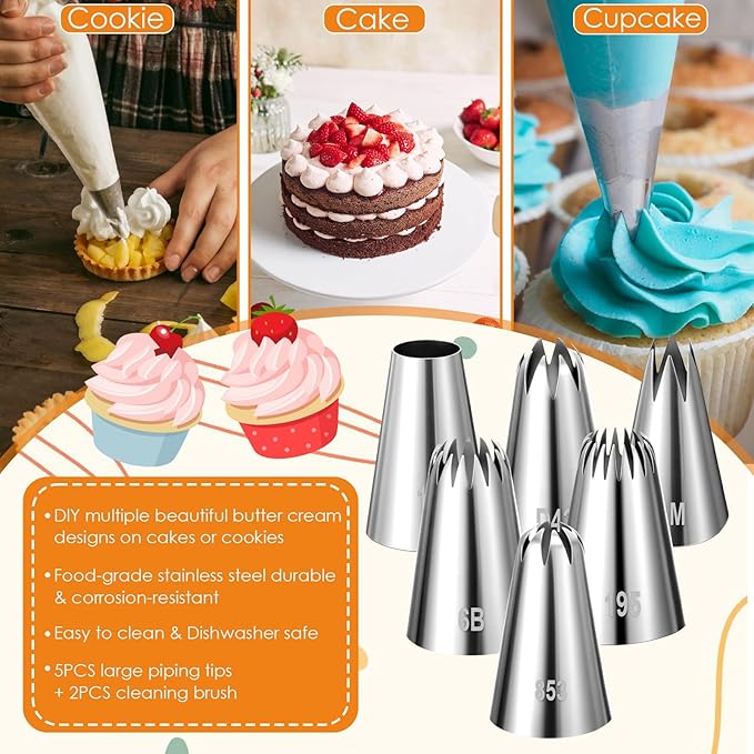6Pcs Large Piping Tips Set, Stainless Steel Cake Decorating Tips, Piping Nozzles Decorating Tip Frosting Icing Tip For Buttercream, Icing, Birthday Cake and Decorating(1M，6B，195，853，1A，D42)