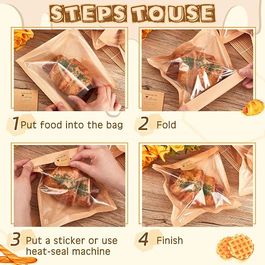 Outus 30 Pcs Cookie Packaging Bags with Seal, 7.1 x 7.5 Inch Bakery Pastry Bags with Window, Heat Sealable Grease Resistant Paper to Go Bake Sleeves for Gift Giving Donut Bread Sandwich (Brown) - Image 4