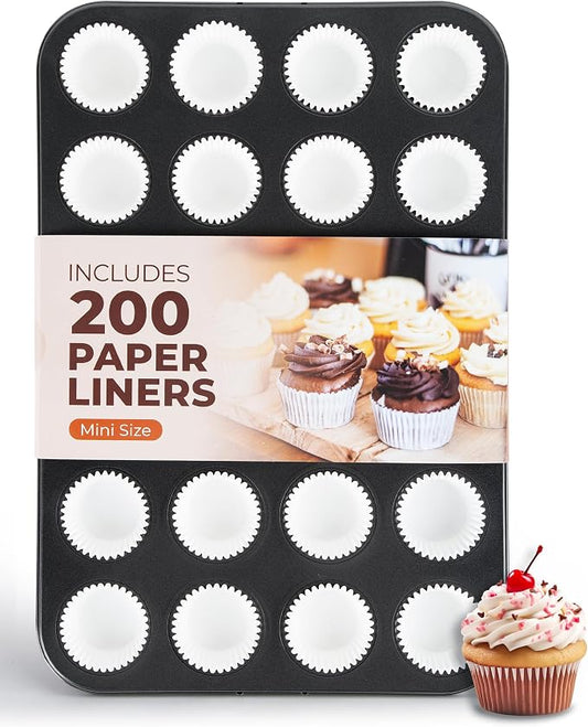 CARTMAN 24-Cup Mini Muffin Pan, Nonstick Carbon Steel Mini Cupcake Tin | Includes 200 paper liners, 24-cup nonstick carbon steel, oven safe 450°F, ideal for egg bites, mini cupcakes & brownies by CARTMAN