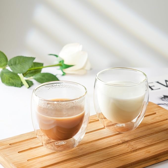 CNGLASS Double Wall Glass Espresso Cups 8.5oz,Insulated Clear Coffee Cup Set of 4