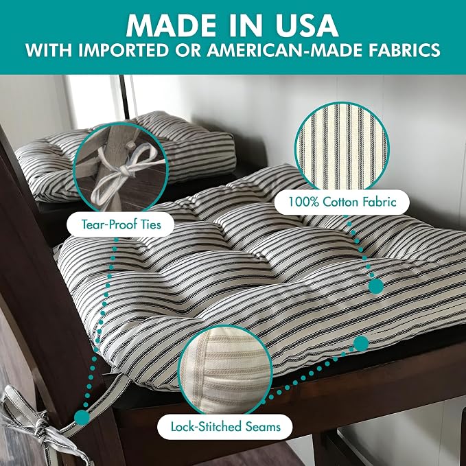 Barnett Home Decor Ticking Stripe Black Dining Chair Pad with Ties - Pack of 2-17" x 15" Size Small Chair Cushion - Latex Foam Fill - Machine Washable, Reversible, 100% Cotton, Made in USA - Image 5