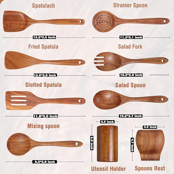 Mooues Wooden Kitchen Utensil Set, 9 Piece Natural Teak with Spoon Rest | Wooden Cooking Utensils with Comfort Grip, Smooth Durable Heat Resistant Cooking Spoons and Utensils Holder for Cooking - Image 3