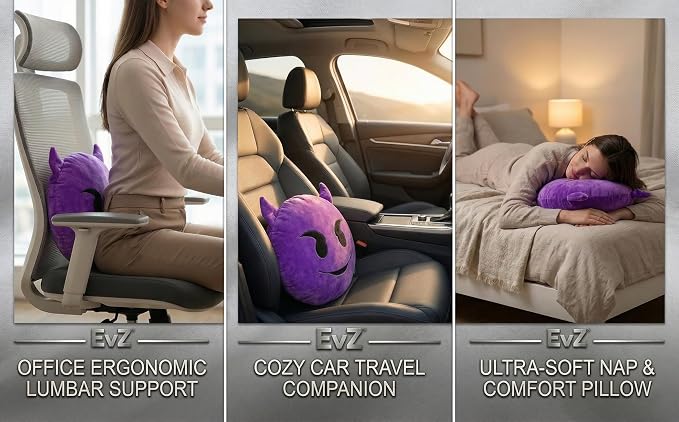 EvZ Official Certified Devil Emoji Pillow - 32cm Large Soft Plush Purple Imp Emoticon Cushion - Unique Horned Decorative Stuffed Toy for Halloween, Gaming Room (Purple) - Image 4