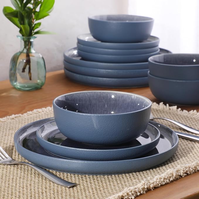 Gibson Elite Reactive Stoneware Dinnerware Set - Tahoe Sunset Matte Exterior & Shiny Interior Blue | 12-Piece – Plates and Bowls, Durable Everyday Dish Set, Microwave & Dishwasher Safe - Image 2