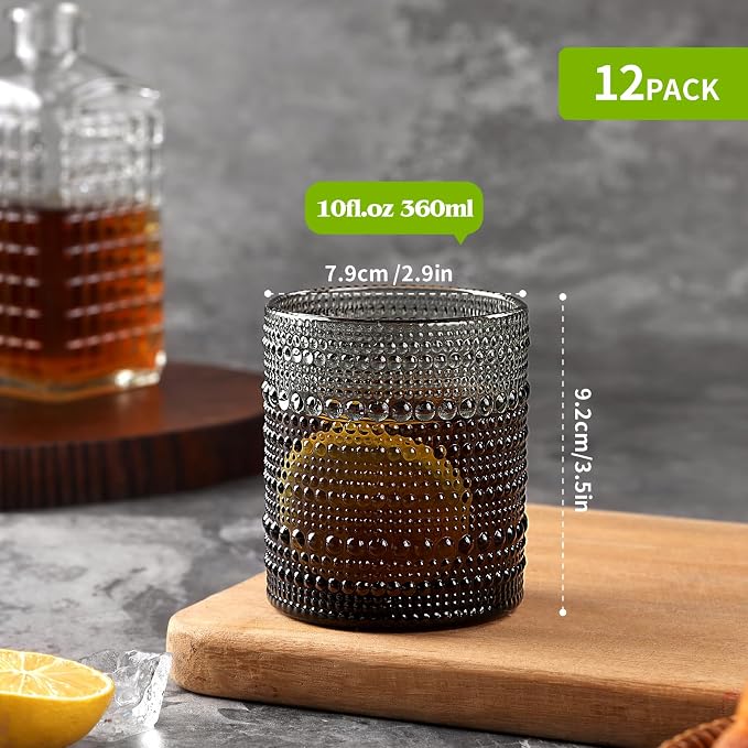 Moretoes 12 Pack 10 Oz Gray Hobnail Drinking Glasses Set | Cocktail Glasses Vintage Glassware, Textured Glass Cups Bubble Glasses Water Glasses Old Fashion Jupiter Glasses Set - Image 3