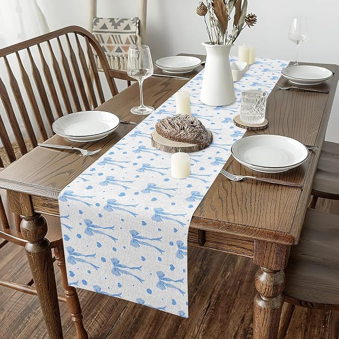 Coquette Bows Table Runner 13" x 72" Blue Watercolor Bow Kitchen Dining Table Decor for Home Party Sweetheart Home Decor for Living Room Dresser Scarfs Dresser Runners Cute Bowknot Table Decoration - Image 2