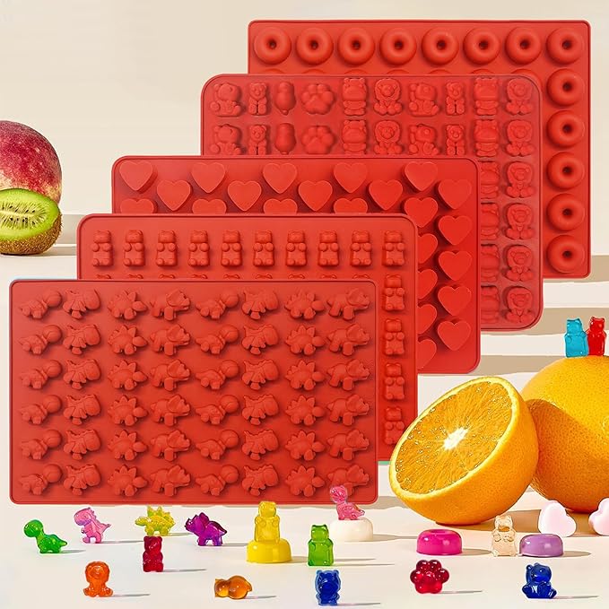 Gummy Bear Mold Silicone for Gummies Candy,5Pcs Safari Jungle Theme Gummy and Chocolate Molds Silicone for Kids Including Mini Bear, Dinosaur, Lion, Tiger, Cat, Rhinoceros, Groundhog, Hearts