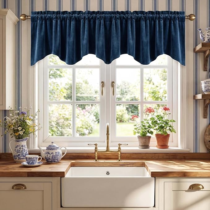 Navy Blue Valance for Windows Scalloped 52x18 Inch 1 Panel | Kitchen Valance Curtains for Small Windows, Classic Rod Pocket Window Drapes for Dining Room, Bathroom, Basement by StangH