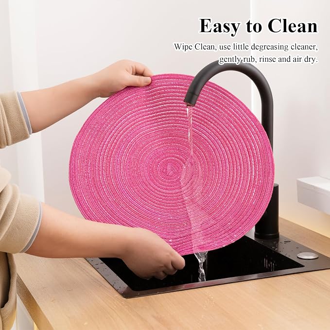 SHACOS Round Placemats Set of 4 Round Table Placemats Braided Cotton Place Mats 15 inch for Kitchen Dining Table Holiday Party (Hot Pink, 4) - Image 9