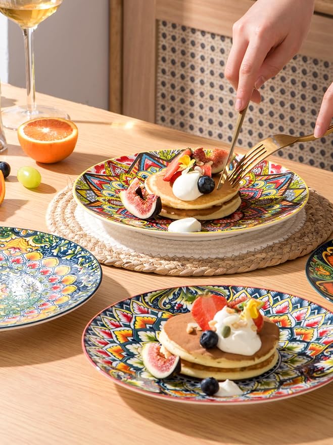 Henten Home Ceramic Dessert Plates Set of 6, 8.5 Inch Porcelain Salad Plate, Colorful Bohemian Style Serving Dishes for Cake, Snack, Appetizer, Decorations, Dishwasher & Microwave Safe - Image 7
