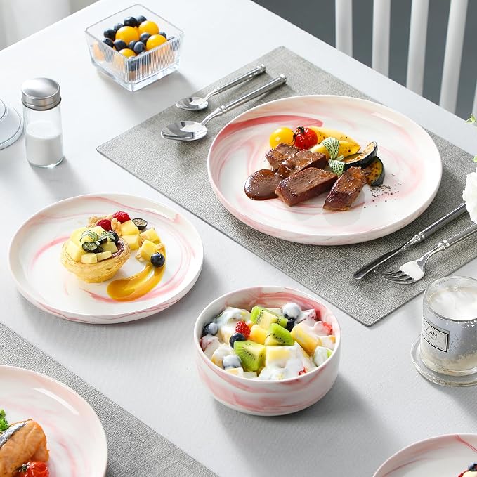 MALACASA 12 Pcs Porcelain Plates and Bowls Sets,Dinnerware Set for 4,Pink | Modern Ceramic Dishware Set,Kitchen Dining Ware,Microwave and Dishwasher Safe,Unique Marble Pink Design,Series LUNA - Image 5