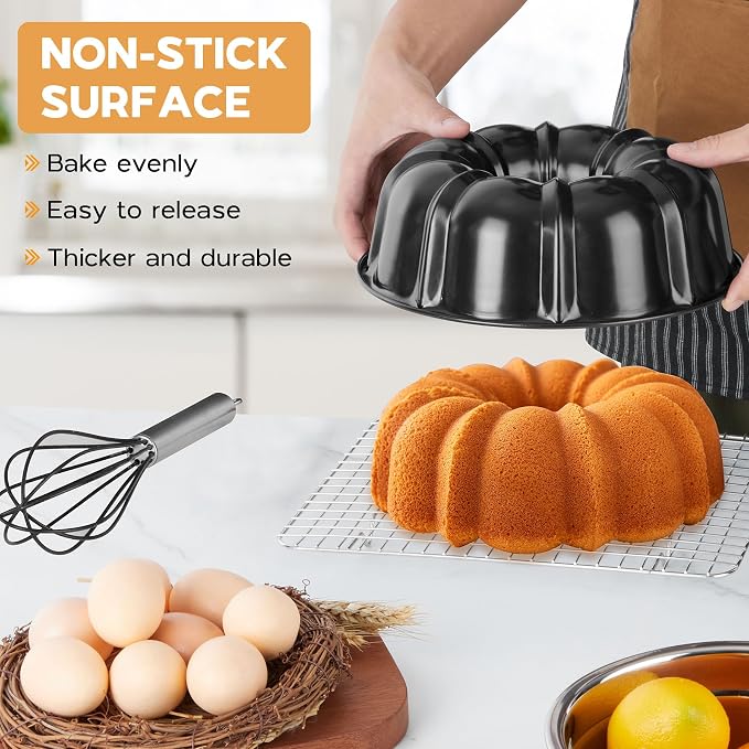 Onader 10 Inch Cake Pan, Non-Stick Round Fluted Tube Pan for Baking Pound Cake, 10 Cups Large Heavy Duty Carbon Steel Baking Mold Bakeware, Black - Image 3