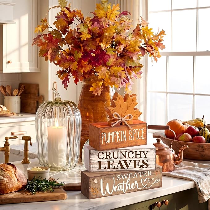 Moucuny 4 Pcs Fall Decor Wooden Maple Leaf Decoration Thanksgiving Tiered Tray Decor Rustic Wooden Maple Leaf Block Sign Thanksgiving Table Centerpiece Farmhouse for Autumn Harvest Party Kitchen Home - Image 4
