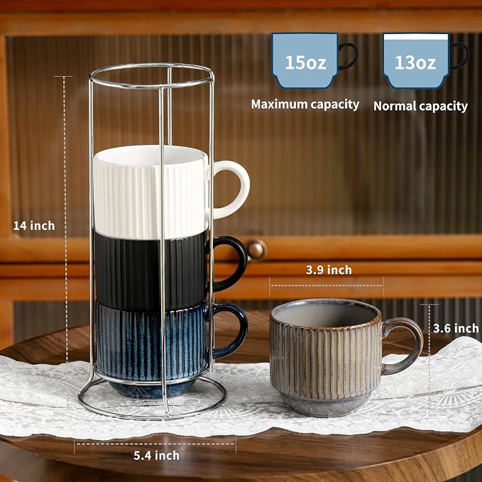 Ceramic Coffee Mugs with Stand,15 Ounce Stackable Coffee Cups Set of 4 for Latte,Cappuccino,Mocha,Cocoa,Ribbed Vintage Coffee Cups for Men Women,Dishwasher & Microwave Safe,Striped Multicolor - Image 2