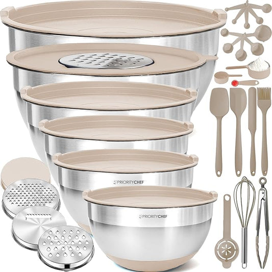 Priority Chef Stainless Steel Mixing Bowls with Lids Set - Premium 30Pcs with 6pc Metal Bowl Set for Kitchen, 3 Graters, Airtight Lids, Non-Slip Bases & Silicone Utensils, Khaki