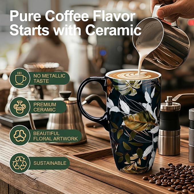 Topadorn 17oz Ceramic Travel Mug with Lid, Tropical Leaf Coffee Mug | 17oz Ceramic Travel Mug • Tropical Leaf Design • Coffee Mug with Lid • Microwave & Dishwasher Safe • Gift Box - Image 5