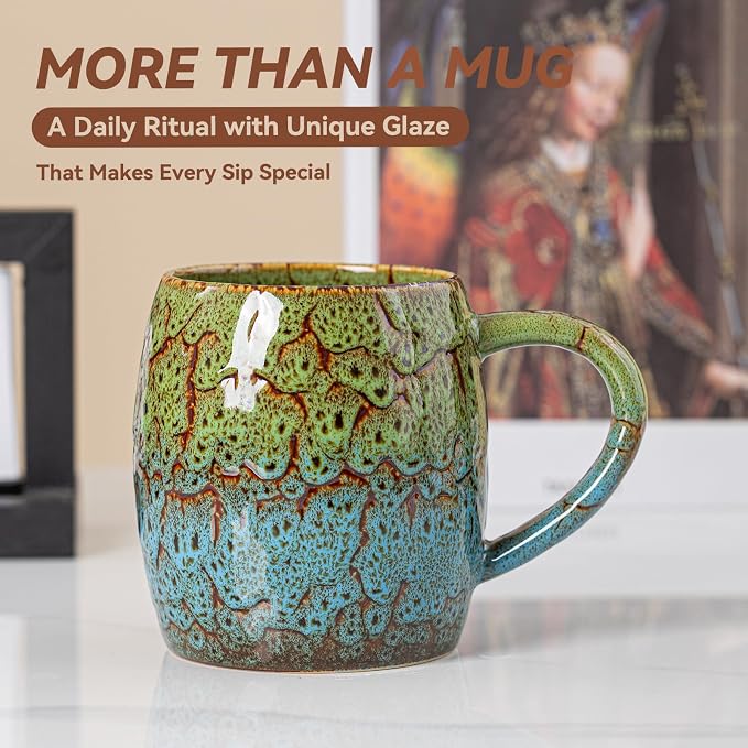 Handmade 22oz Ceramic Coffee Mug, Ergonomic Large Handle, Ideal Gift for Coffee Lovers, Microwave & Dishwasher Safe (Bas-Relief - Green&Blue) - Image 6