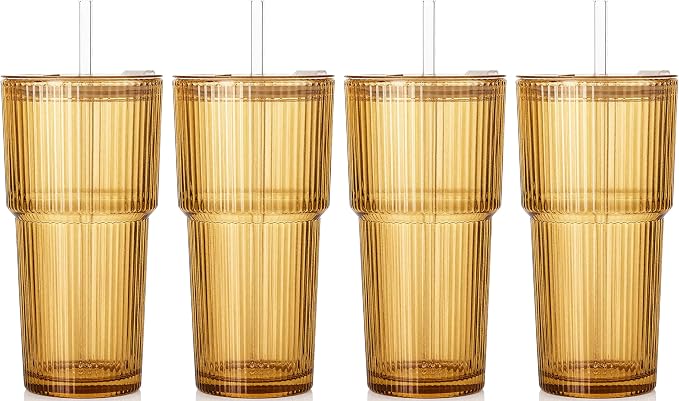 Amber Drinking Glasses，4PCS Amber Ribbed Glass Cups with Lids and Straws, 20oz Vintage Drinking Glasses, Aesthetic Iced Coffee Cups, Brown Yellow Glass Cup by SIPBYSOP