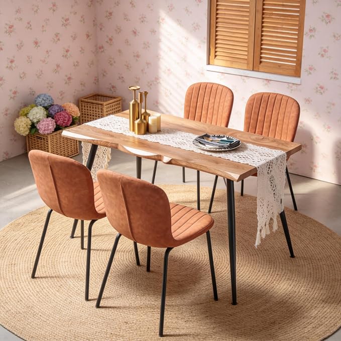 Rectangle Dining Table Set for 4 with Brown PU Leather Chairs | 5-Piece Mid-Century Modern Set, Irregular MDF Table, Wood Grain, Space-Saving for Small Spaces, Dining Rooms, Easy Clean - Image 7